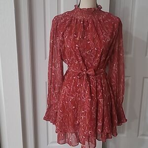 Boho Ruffled Layered Mock Neck Smock Puffy Flowy Mini Dress sz L